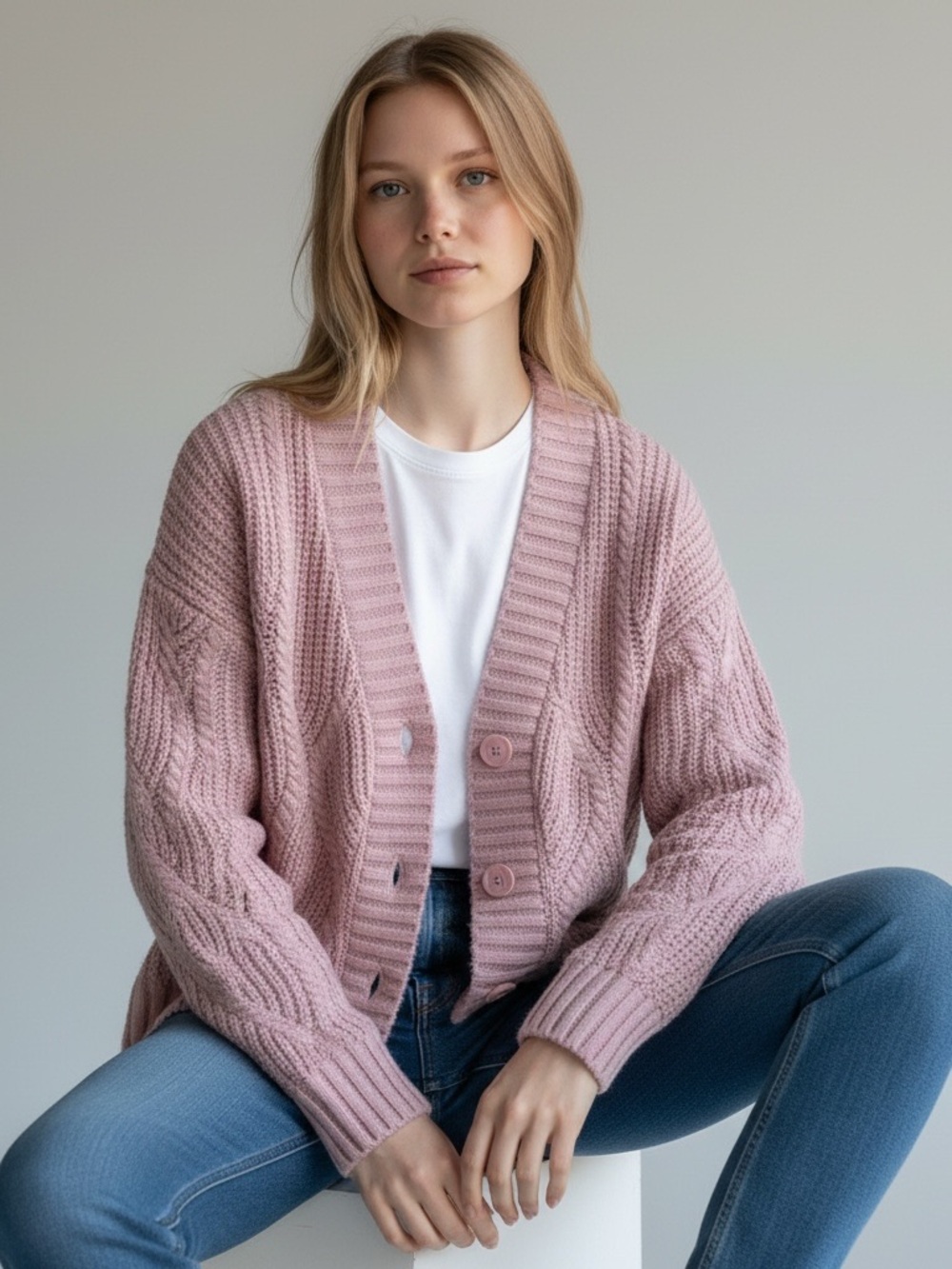 Universal Thread Dusty Rose Cable Knit Button-Front Cardigan